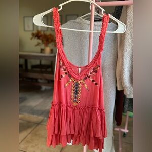 Free People Embroidered Sleeveless Ruffle Tank